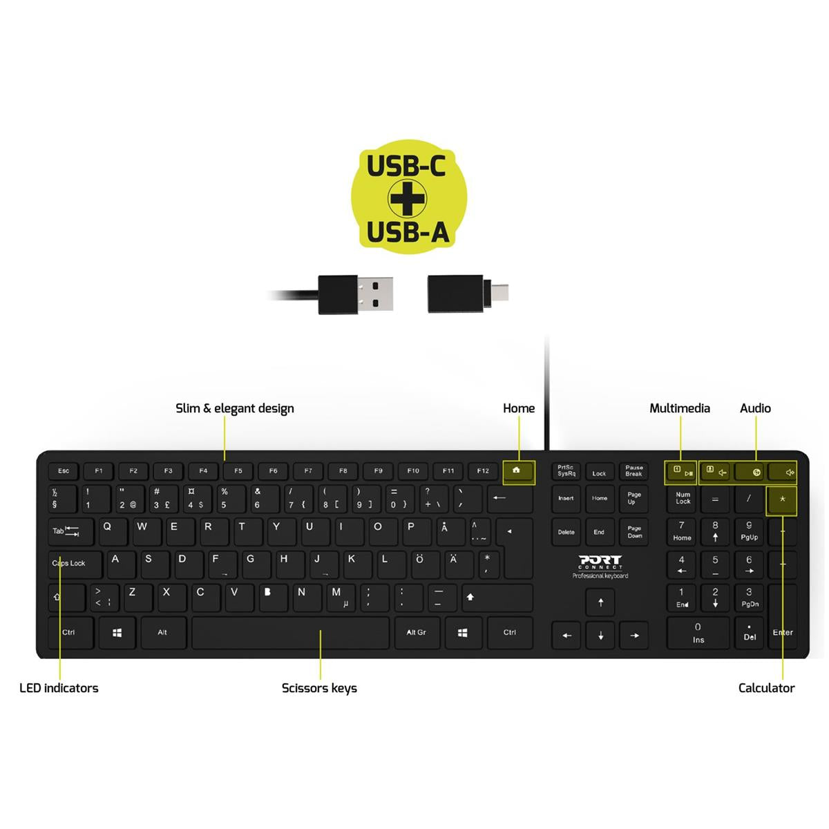 Port Design Executive office Tangentbord, svensklayout USB C & A