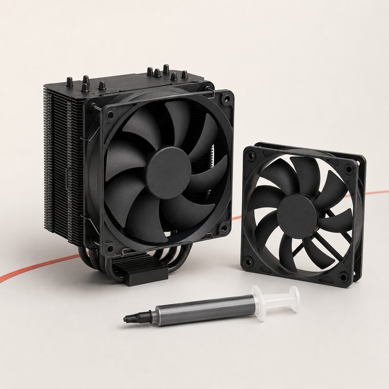 CPU-kylare, datorfläkt och kylpasta på ljus bakgrund