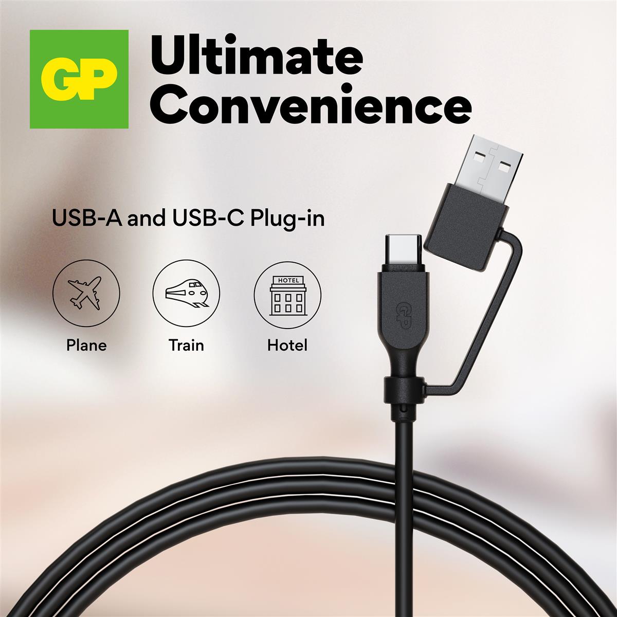 GP 2-in-1 USB-kabel USB-C till USB-C med USB-A-adapter – 240 W, 1,5 m