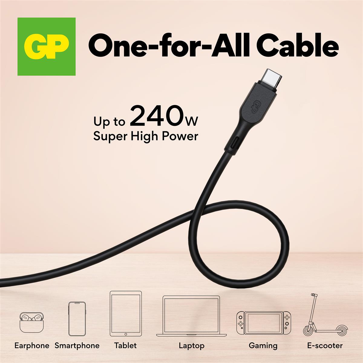 GP 2-in-1 USB-kabel USB-C till USB-C med USB-A-adapter – 240 W, 1,5 m