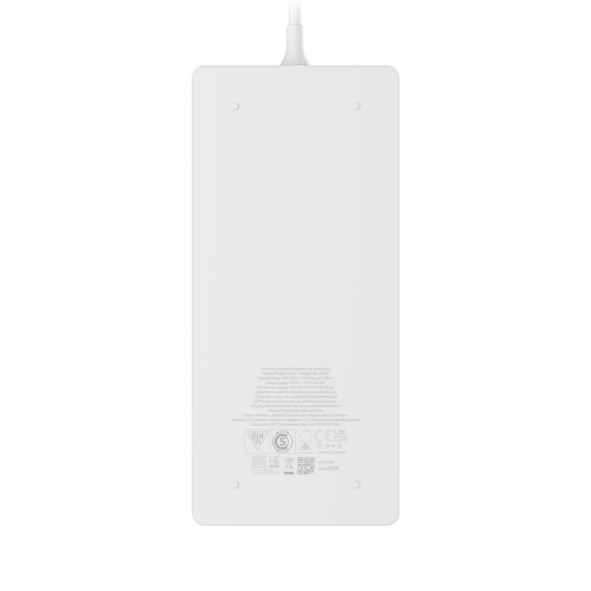 Ubiquiti AC-adapter 210 W, baksida med märkning