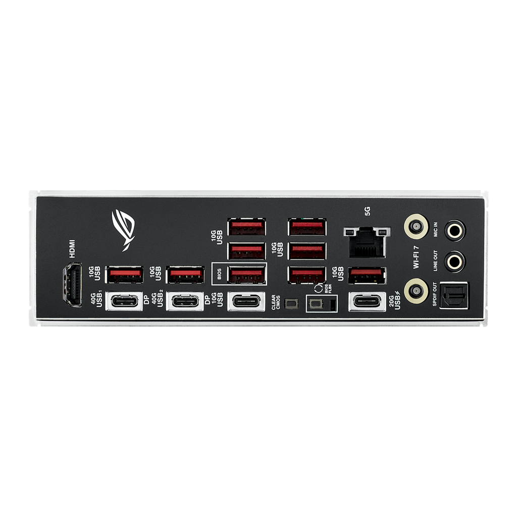 ASUS ROG Strix X870E-E Gaming WiFi med anslutningar och expansionsplatser