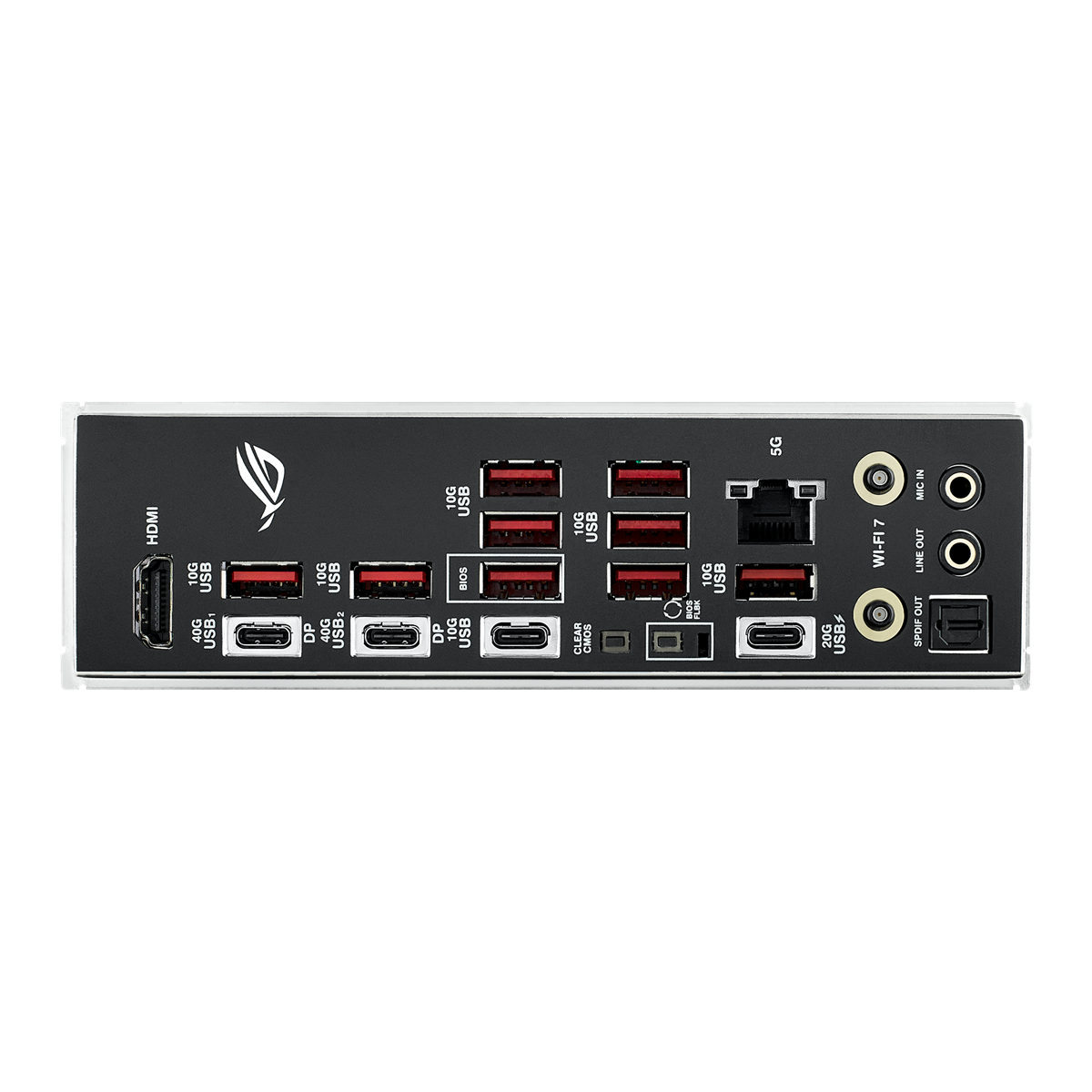 ASUS ROG Strix X870E-E Gaming WiFi med anslutningar och expansionsplatser