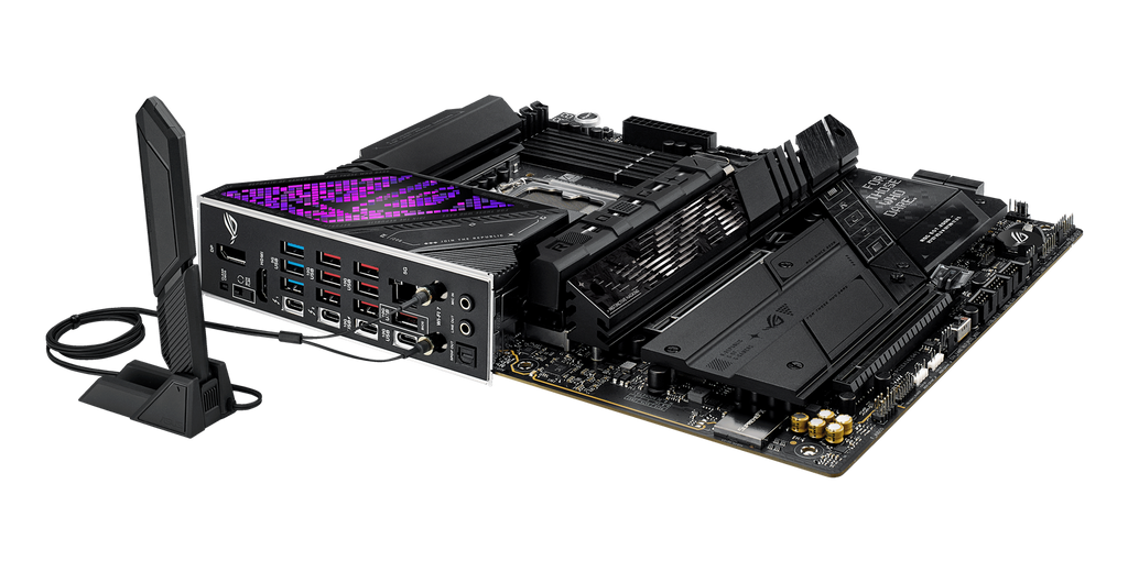 ASUS ROG Strix Z890-E Gaming WiFi med anslutningar och expansionsplatser