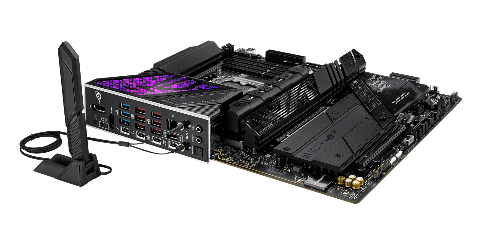 ASUS ROG Strix Z890-E Gaming WiFi med anslutningar och expansionsplatser