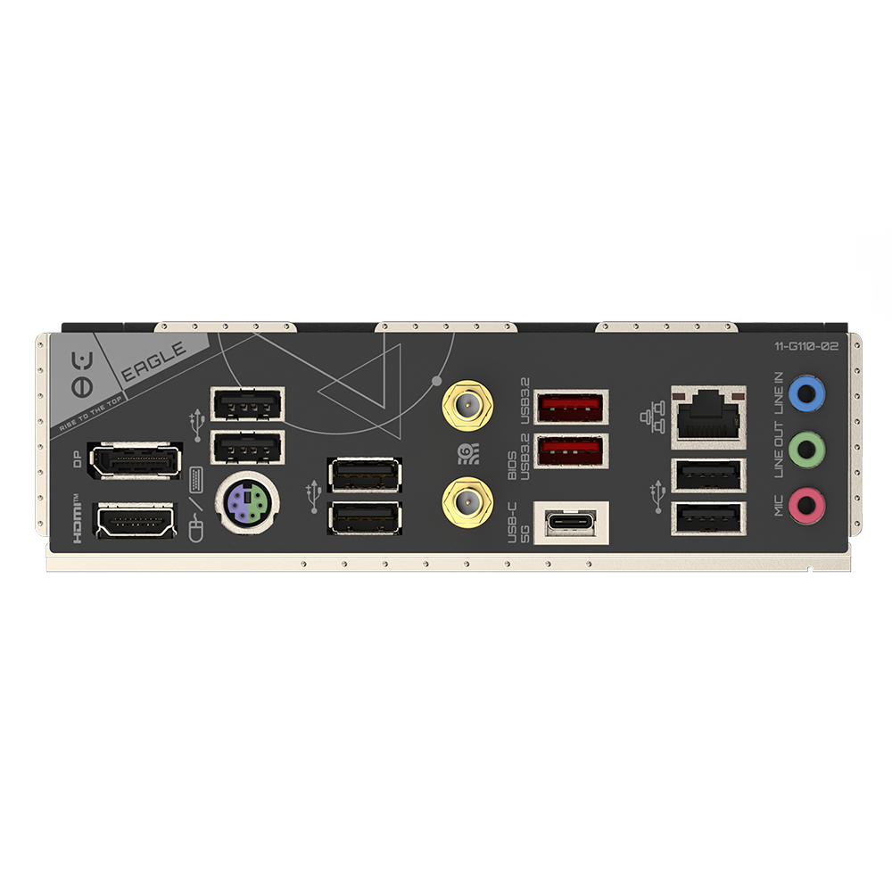 Gigabyte B650 EAGLE AX med bakre anslutningar och expansionsplatser