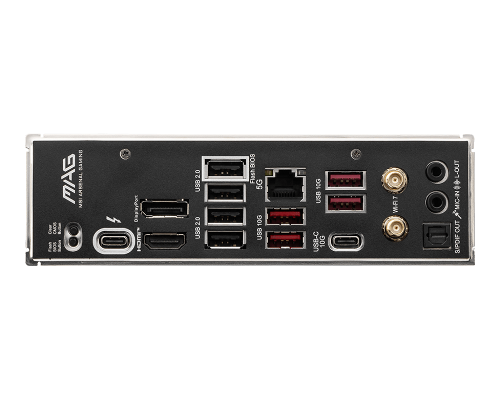 MSI MAG B860 Tomahawk WiFi med anslutningar och expansionsplatser