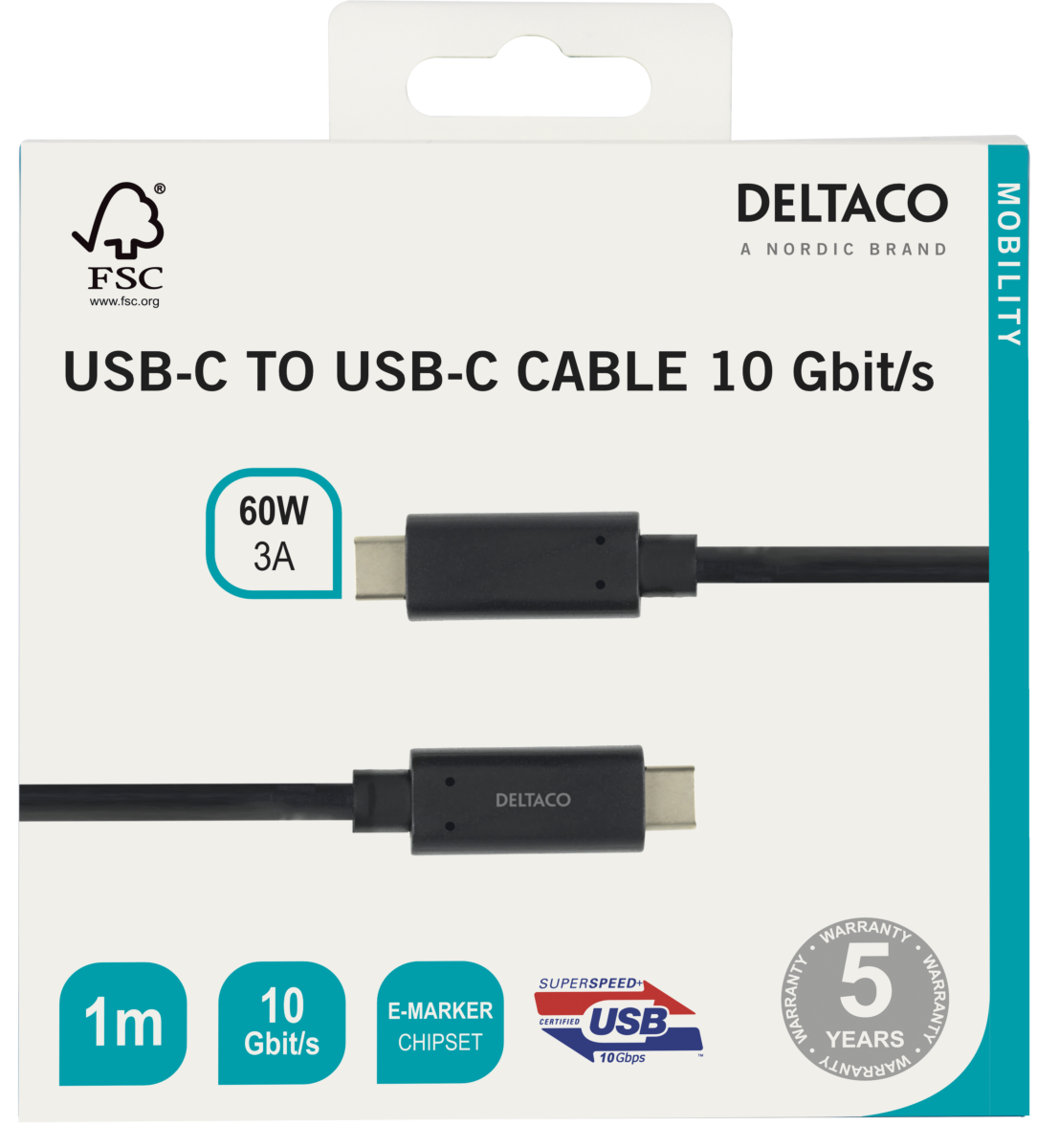 DELTACO USB-C till USB-C-kabel 1 m – USB 3.2 Gen 2, 10 Gbit/s, 60 W Power Delivery