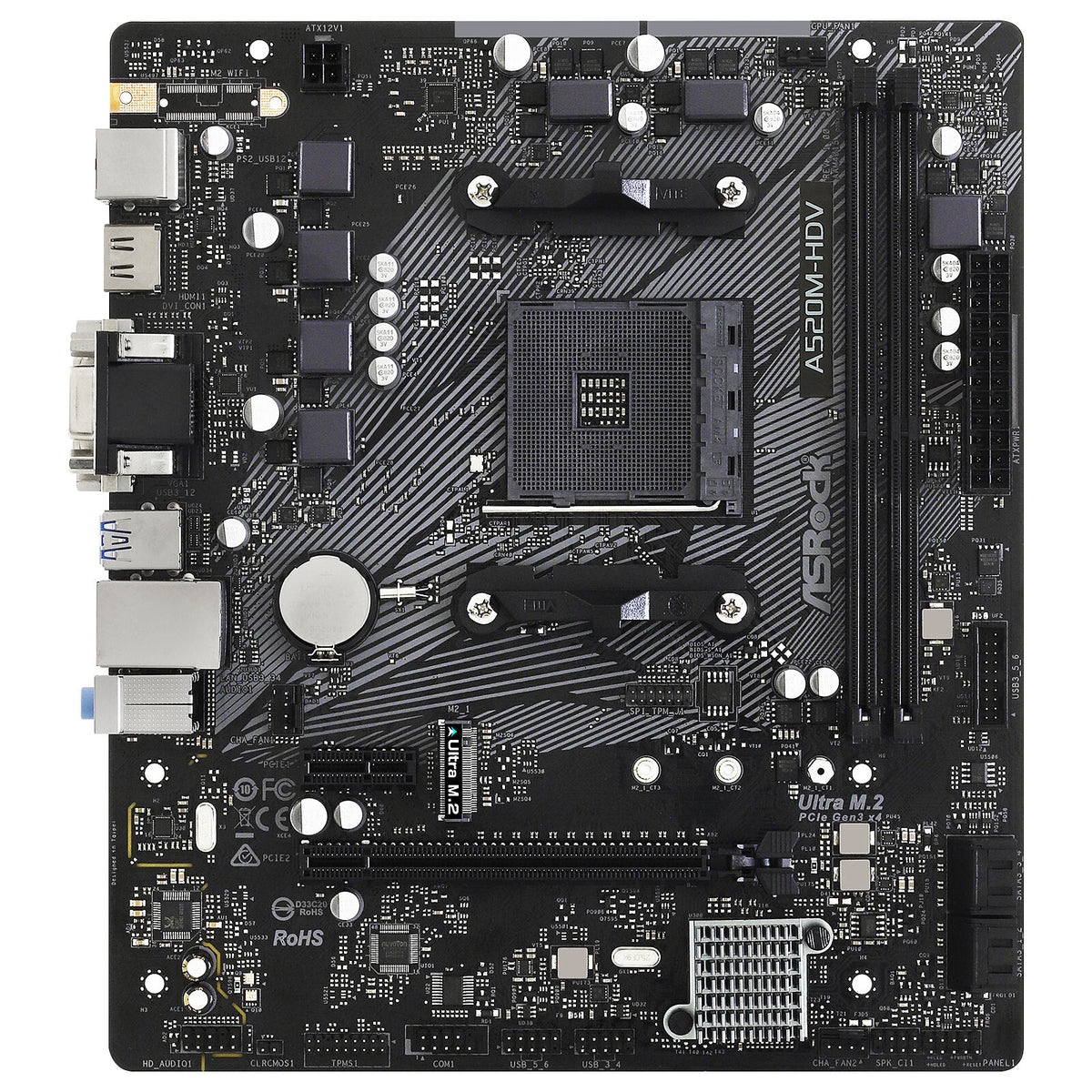 ASRock A520M-HDV micro-ATX-moderkort för AMD AM4, framsida med två DDR4-platser