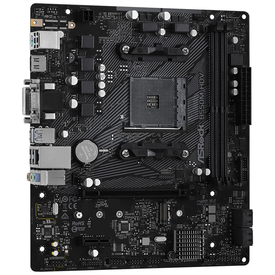 ASRock B550M-HDV micro-ATX-moderkort för AMD AM4, framsida med två DDR4-platser
