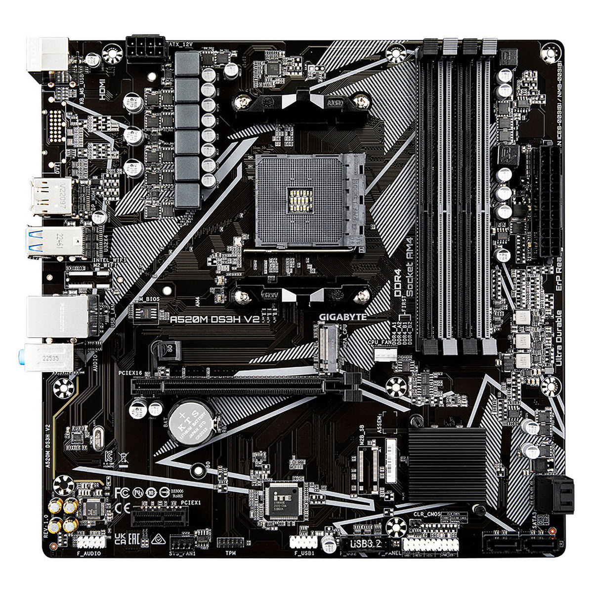 GIGABYTE A520M DS3H V2 micro-ATX-moderkort för AMD AM4, framsida med fyra DDR4-platser