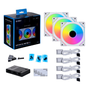 Lian Li UNI FAN SL-INF 120 3-pack vit med kontroller och tillbehör