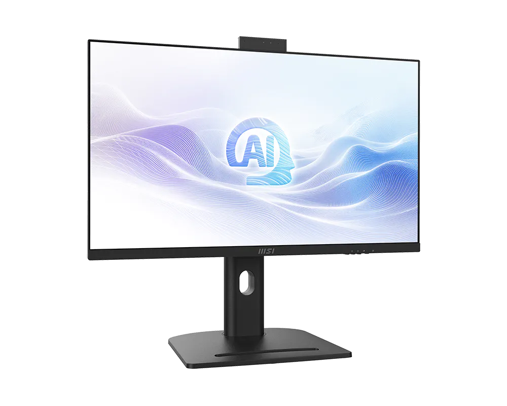 MSI Modern AM273QP AI 1UM-061EU i svart, snett framifrån med stativ