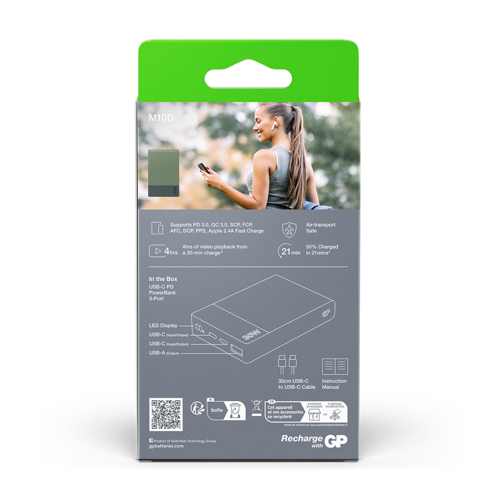 GP M3 10 000 mAh 30 W grön 405224, förpackning baksida