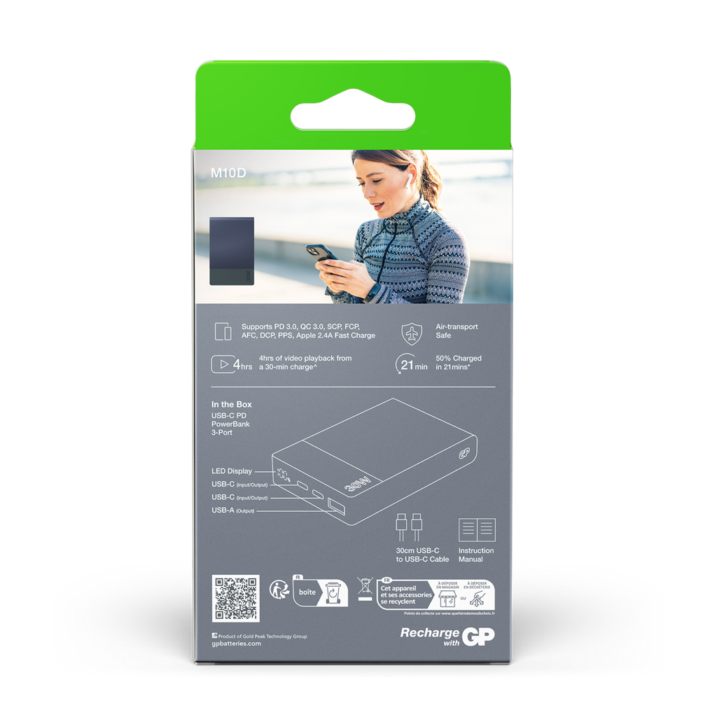 GP M3 10 000 mAh 30 W blå 405225, förpackningens baksida
