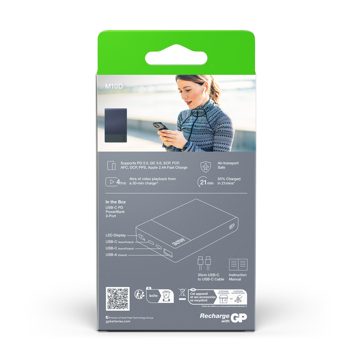GP M3 10 000 mAh 30 W blå 405225, förpackningens baksida