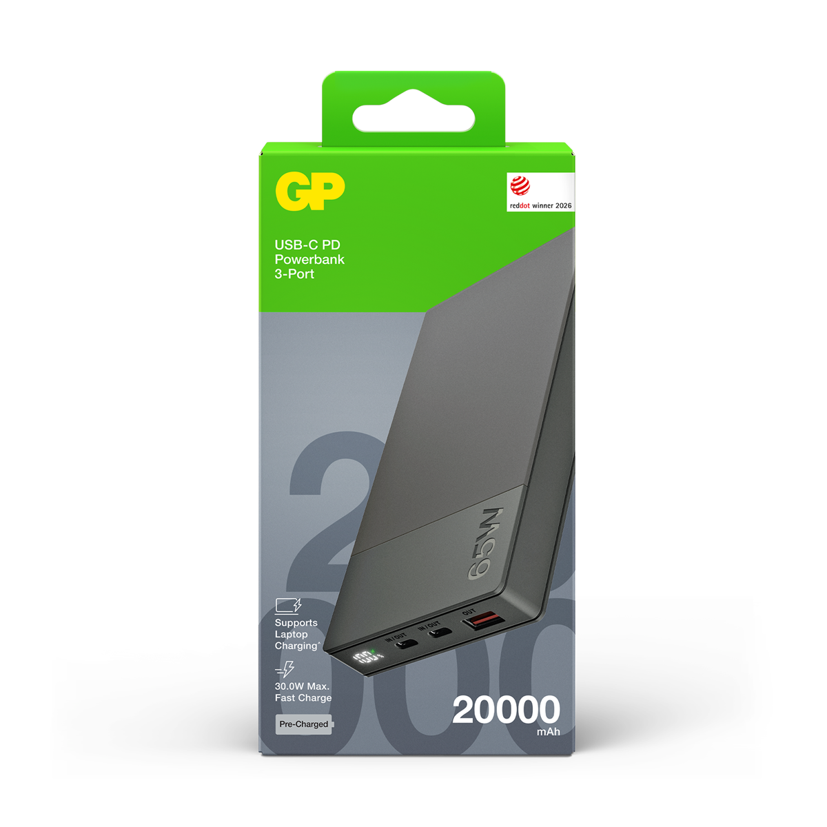 GP M3 20 000 mAh 30 W – förpackningsbild för M20D-serien, beige variant 405226