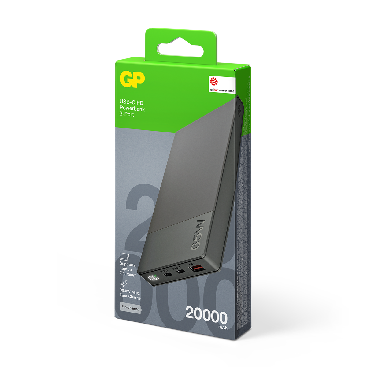 GP M3 20 000 mAh 30 W – förpackning M20D snett framifrån, modell 405226
