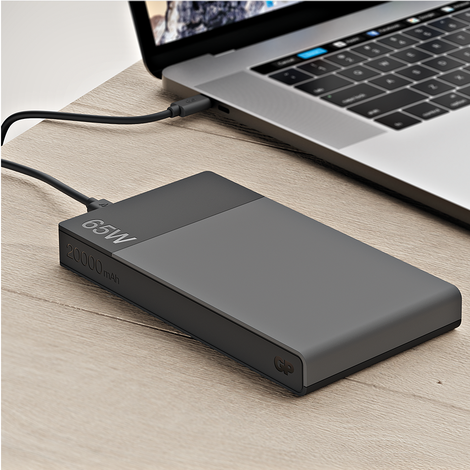 GP M3 20 000 mAh 65 W grå 405227 laddar en bärbar dator