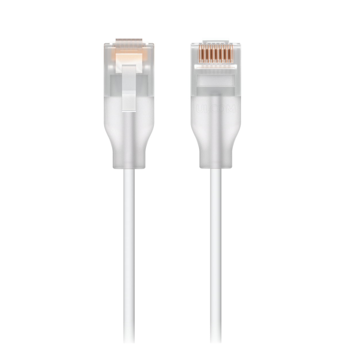 Ubiquiti Etherlighting Patch Cable – detalj av kabelns två genomskinliga RJ45-kontakter; längd och packantal väljs separat
