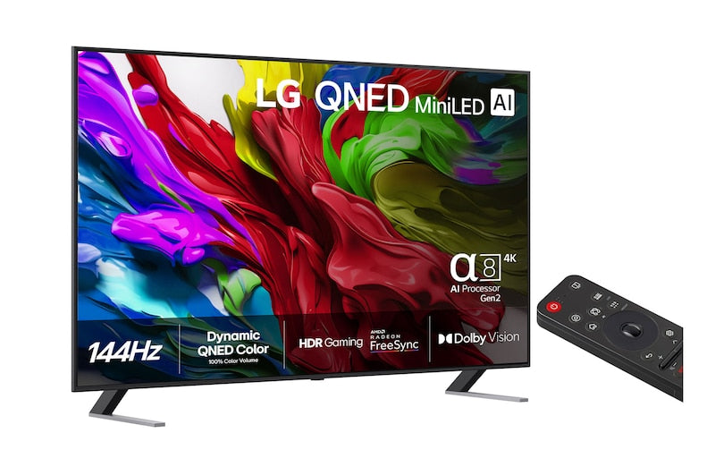 LG QNED85A6C med fjärrkontroll samt vy framifrån och bakifrån